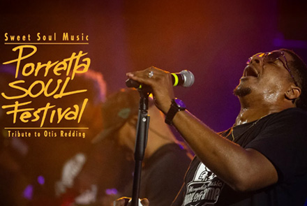 logo porretta soul festival a sinistra e foto Jerome Chism che canta a destra