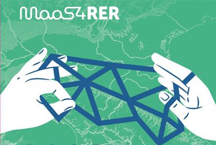 Illustrazione stilizzata con due mani che tengono una rete di collegamenti, a rappresentare la mobilità integrata. Sullo sfondo una mappa geografica e il logo 'MaaS4RER' in alto.