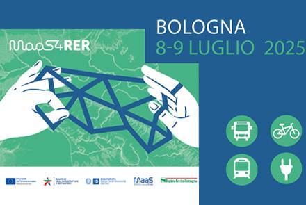 Locandina evento MaaS4RER a Bologna, 8-9 luglio 2025. Illustrazione stilizzata di due mani che connettono una rete di trasporti su una mappa. A destra, icone dei mezzi di trasporto
